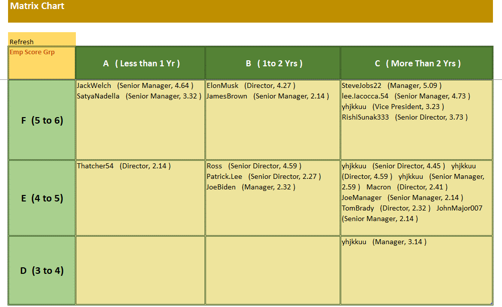 Survey Matrix of employees ratings by supervisors.